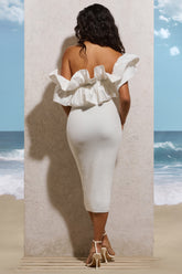 White Asymmetric Ruffle Midi Dress